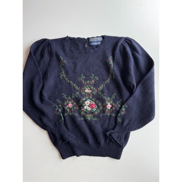 Vintage 90's HERMAN GEIST Navy Blue Knit Hand Embroidered Floral Sweater, Size S - Picture 5 of 12